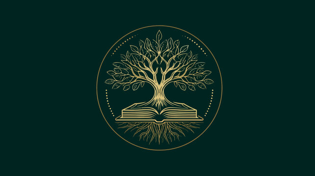 Elegant Tree of Knowledge logo with roots growing from an open book, symbolizing wisdom, education, nature, growth, and learning.
