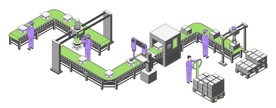 Cartoon Color Conveyor Processes Factory Concept 3d Isometric View Production Robotic Machines Scene on a White. Vector illustration
