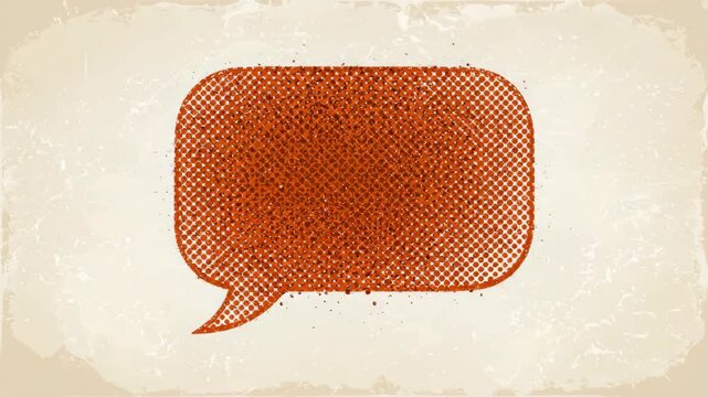 Vintage orange speech bubble with halftone texture on grunge paper background. Retro chat icon animation
