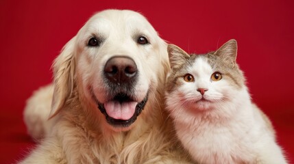 Golden retriever and british shorthair cat on red background.