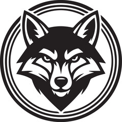 Fierce Wolf Spirit Emblem Bold Black and White Circular Logo Featuring a Symmetrical Wolf Head with Intense Eyes and Sharp Features