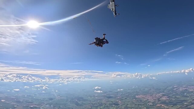 A spectacular diving maneuver by an airplane as it drops two parachutists. Watch the thrill of the female parachutist.