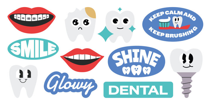 Set of oral dental teeth stickers. Toothbrushes, tooth character, smile, braced.