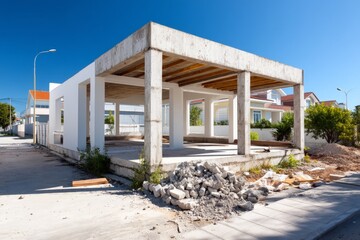 Naklejka premium Modern Minimalist House Under Construction with Clear Blue Sky Above
