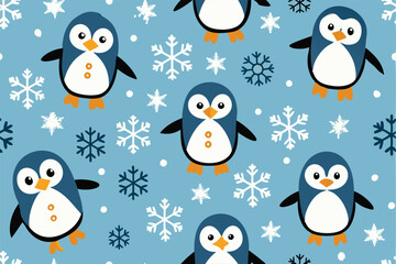 Fototapeta premium Cute penguins and snowflakes pattern