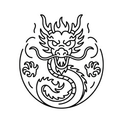 Stylized outline illustration of a fierce mythical Chinese dragon coiled within an oval frame