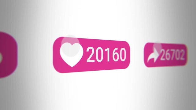 Engagement buttons with rapidly growing numbers of likes shares and followers. Animation of a like button being pressed many times.