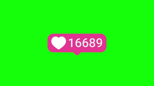 Pink heart reaction counter in a pink frame on green background. Rapidly growing positive social media reaction.