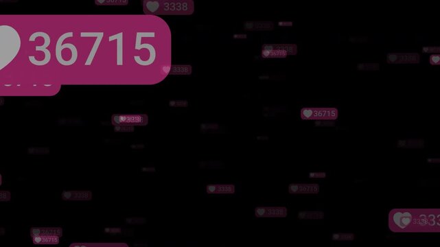 Rapidly increasing pink like counters flying into the camera on transparent background