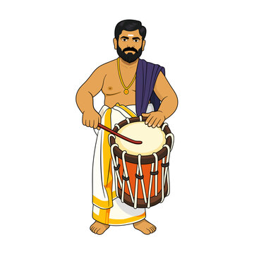 Kerala Chenda Drummer Playing Traditional South Indian Percussion Instrument for Ulsavam and Pooram, Vector Illustration