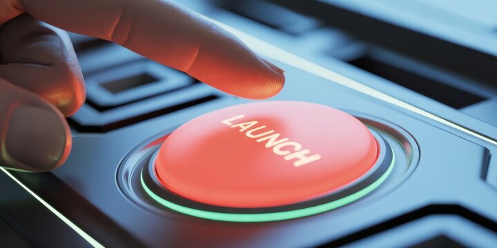 Finger pressing glowing red launch button futuristic startup concept innovation technology and business success metaphor