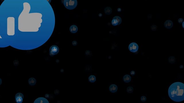 Many social media like icons fly into the camera from far away. Thumbs up button animation on transparent background.