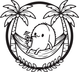 Relaxing Coconut Mascot Cute Black and White Circular Emblem of a Coconut Character Drinking a Cocktail in a Hammock Between Palm Trees