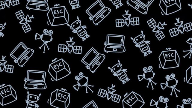 Repeating seamless monochrome doodle pattern featuring laptops cameras robots keyboards and film icons on a black background ideal for digital backgrounds packaging and graphic projects.