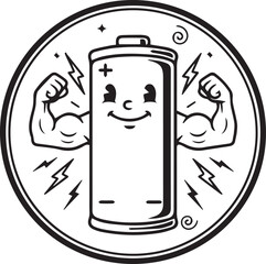 Powerful Battery Mascot Energetic Black and White Circular Emblem Featuring a Strong Cartoon Battery Character with Muscular Arms and Lightning Bolts
