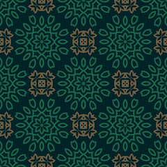 Obraz premium Vector seamless pattern with Islamic ornament. Elegant oriental background with shapes, arabesque flowers, leaves. Dark green and gold color texture. Repeating luxury ethnic decorative design