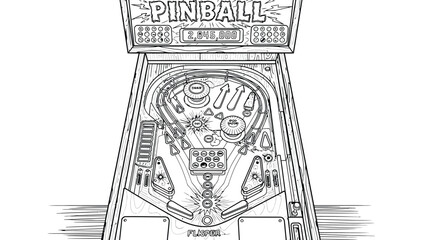 Line art of a classic pinball machine featuring flippers, bumpers, and a detailed playfield. The score reads 2,845,000. The style is nostalgic and playful. © Yesyx
