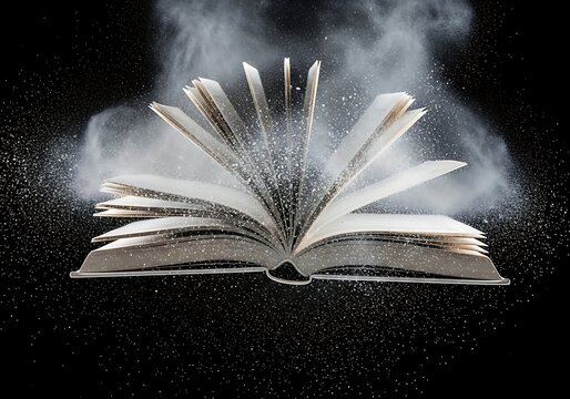Open book with pages exploding into a cloud of white powder or dust against a black background