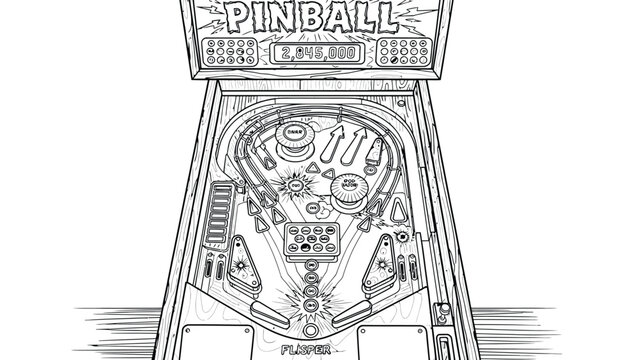 Line art of a classic pinball machine featuring flippers, bumpers, and a detailed playfield. The score reads 2,845,000. The style is nostalgic and playful.