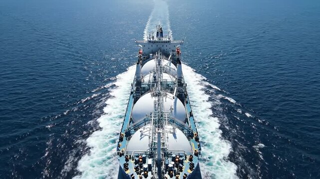 Aerial view of a large LNG tanker ship sailing on the blue ocean, leaving a foamy wake.