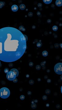 Chernihiv, Ukraine - January 31 2026. Vertical transparent social media motion graphic template with blue thump up emojis rapidly flying into the view. Motion graphic overlay element for engagement.