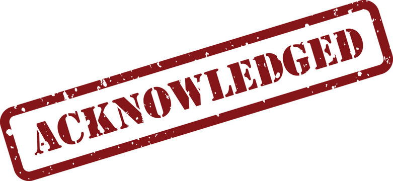 Red grunge rubber stamp mark with the word Acknowledged on a clear white surface