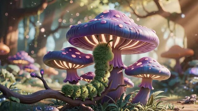 Fantasy scene with mushrooms and caterpillar in a whimsical forest setting