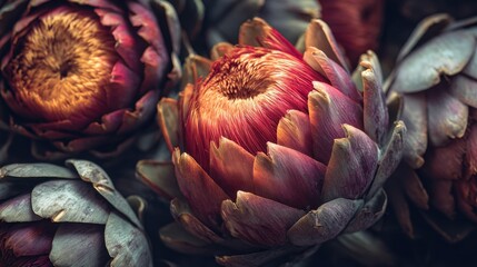 Obraz premium Close-up of vibrant protea flowers in bloom.