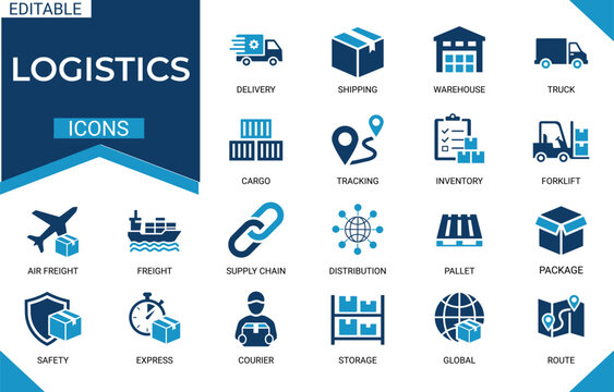 Logistics solid icon set featuring delivery, shipping, warehouse, truck, cargo, tracking, inventory, forklift, package, pallet editable soild vector icons collection