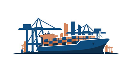 Obraz premium Large cargo ship docked at port with cranes loading containers.