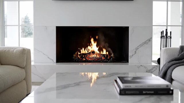 A warm and inviting living space featuring a glowing fireplace, comfortable seating, and a sleek marble coffee table holding a stack of books.