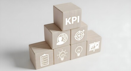 Fototapeta premium Corporate Performance Management: Wooden blocks stacked in pyramid with KPI text and business icons on white background, strategic planning and target concept