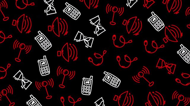 Animated seamless pattern of red and white communication icons including radios megaphones and headsets on a black background ideal for technology backgrounds media and broadcast projects.