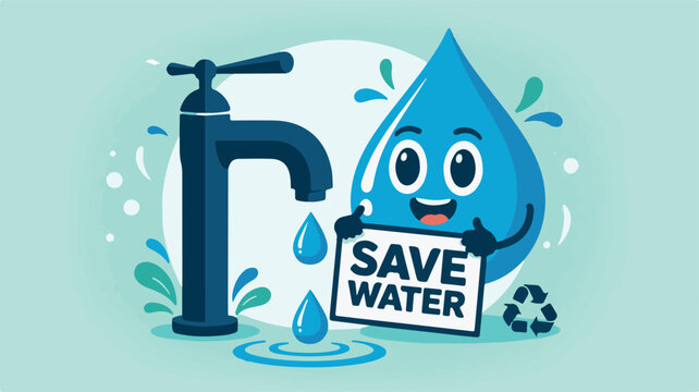 Vector illustration of a cartoon water droplet holding a save water sign near a faucet with recycling symbol