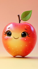 Cute apple cartoon mascot smiling character with big eyes on pastel background