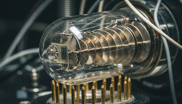Photomultiplier tube PMT with intricate metal dynodes inside glass bulb