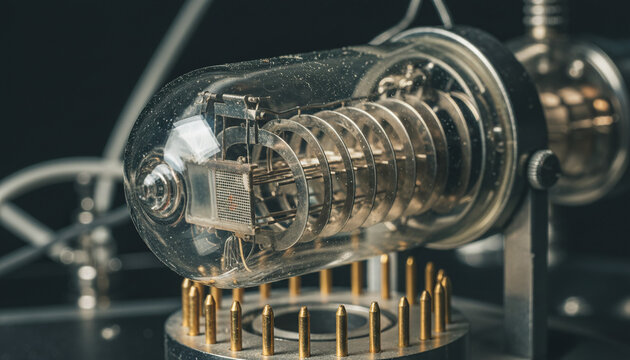 Photomultiplier tube PMT with intricate metal dynodes inside glass bulb