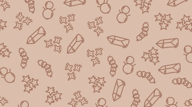 Seamless hand drawn crystal and bead line art pattern in neutral beige tones. Tileable background ideal for packaging, textiles, stationery, branding, wallpaper and digital design.