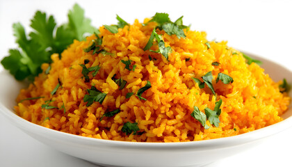 A vibrant and flavorful pile of orange rice garnished with fresh green herbs on a clean white background
