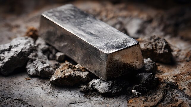 Platinum metal bar resting on raw ore stones symbolizing rare precious industrial resource