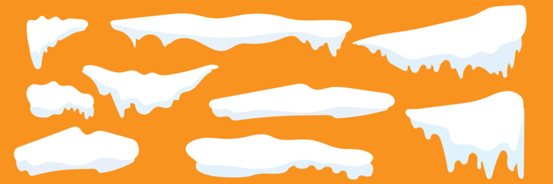 Winter Icicles and Snow Caps Illustration Vector. Snow caps, snowy ice and frozen icicles, vector cartoon icons, isolated on transparent background. Winter season background. Cold new year, christmas