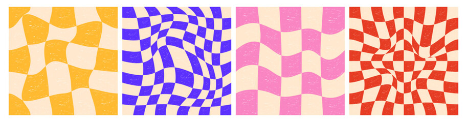 Obraz premium Square checker board backgrounds. Groovy chess grid patterns with warped twisted tiles, abstract geometric psychedelic mosaic checkerboard squares y2k style. Vector set