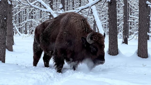 American Bison Foraging in Snowy Winter Forest: Majestic Wildlife Scenery Footage