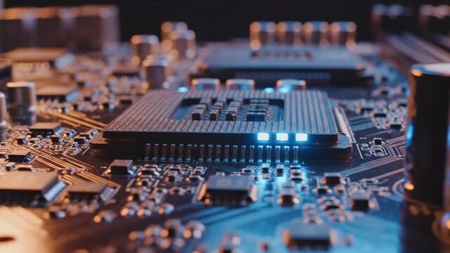 Close up of a modern computer motherboard circuit board in detail