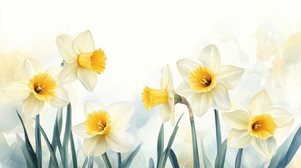 Fototapeta premium adorable watercolor daffodil flowers, soft yellow, white background