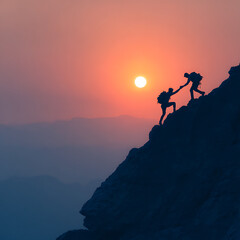 Two climbers mid-journey helping each other climb a steep ridge, silhouetted against a sunset (3)