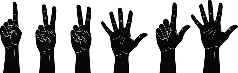 Obraz premium A black silhouette of multiple hands showing different numbers with fingers on a white background