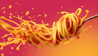 Swirling Spaghetti with Sauce Splash in a Colorful Background Captivates Food Lovers and Culinary Enthusiasts Everywhere
