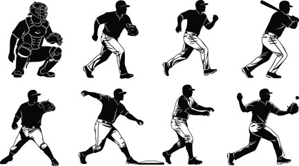 A baseball player in various poses, including running, pitching, and batting, shown in silhouette against a white background