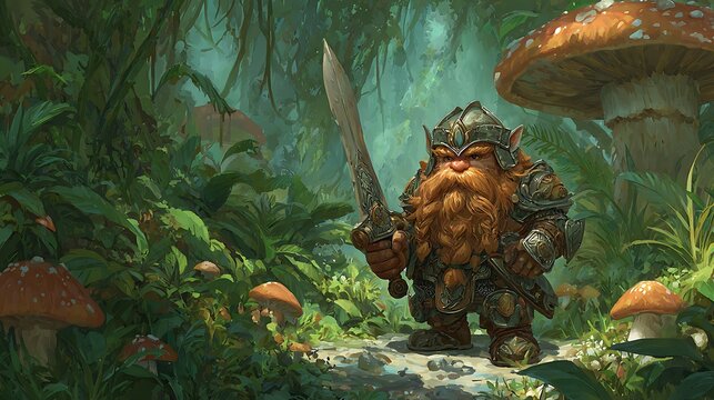 Fantasy Dwarf Warrior with Sword in Enchanted Forest with Mushrooms armor Photo